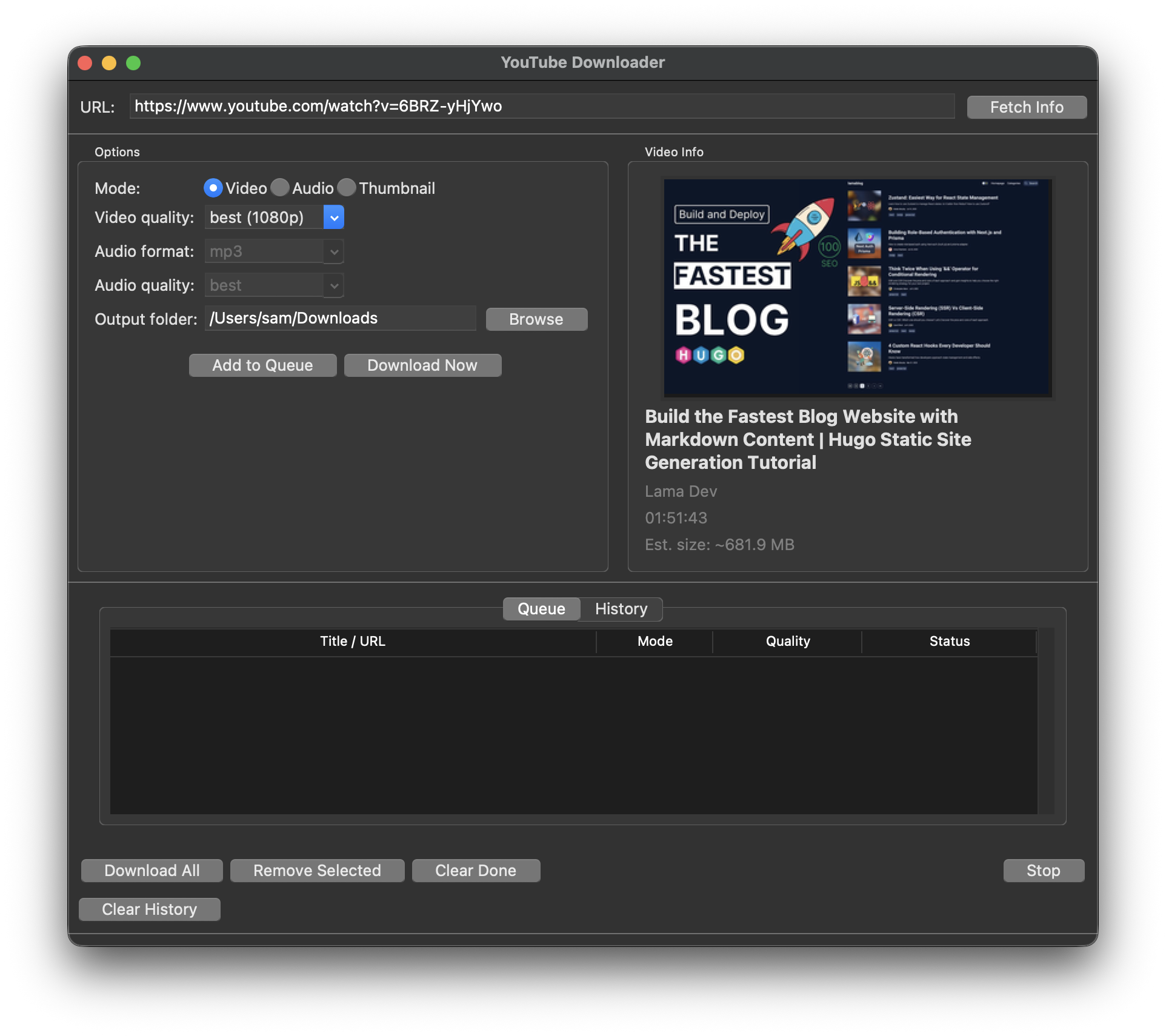 the youtube downloader app having fetched some video url&rsquo;s information